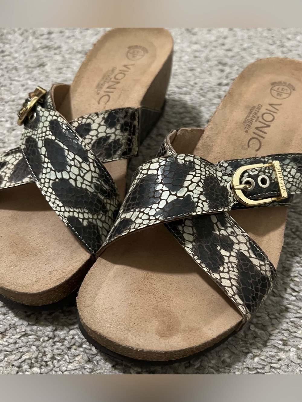 Vionic Women's Snake-Print Wedge Slide Sandals in Black and Beige Size 7